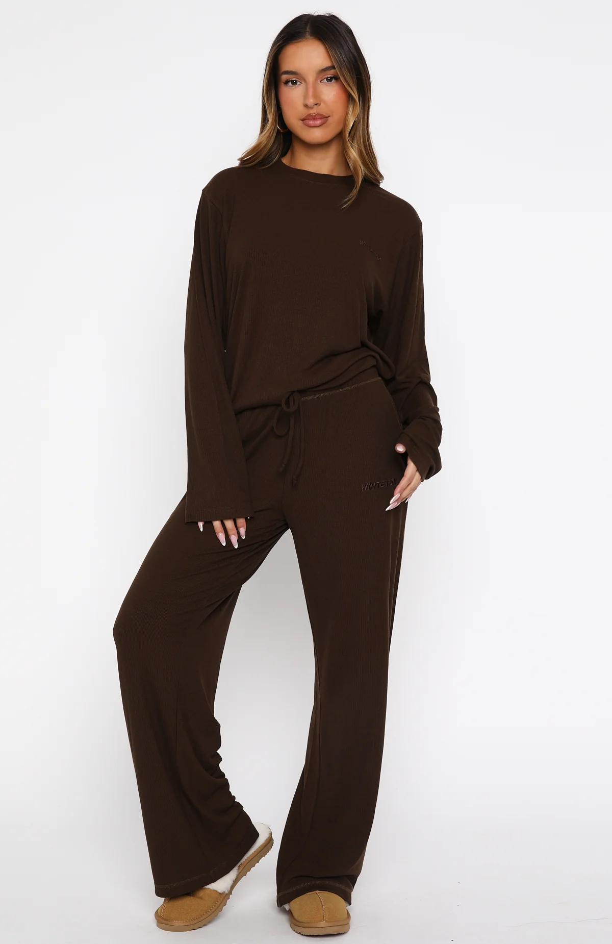 Come A Long Way Soft Lounge Long Sleeve Ribbed Tee Chocolate - Image 5