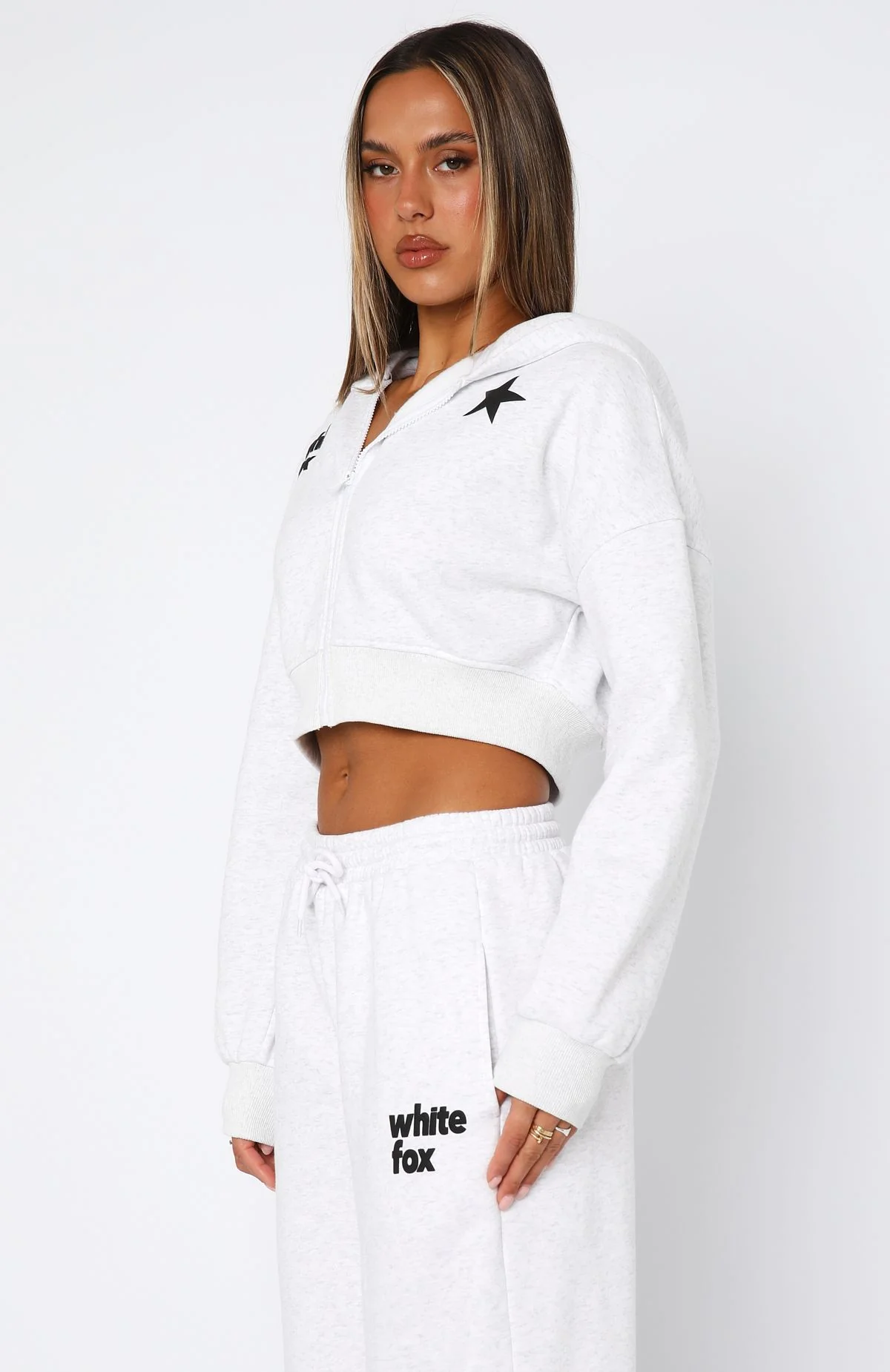 From The Archives Charli Cropped Zip Front Hoodie Grey Marle - Image 4