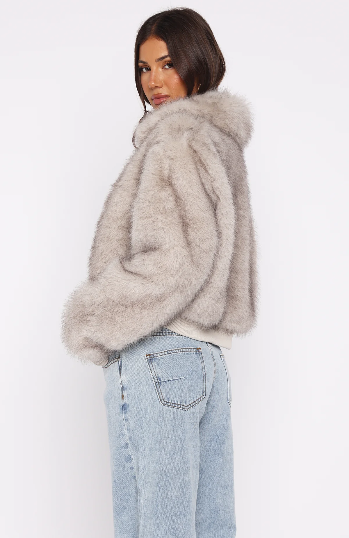 Glacial Chic Faux Fur Bomber Jacket Smokey Taupe - Image 5