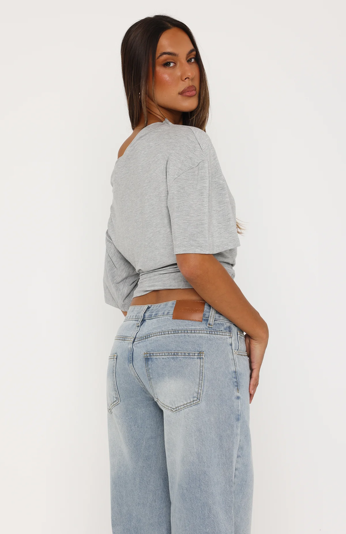 Hype Girl Cinched Waist Off Shoulder Top Grey Marle - Image 4