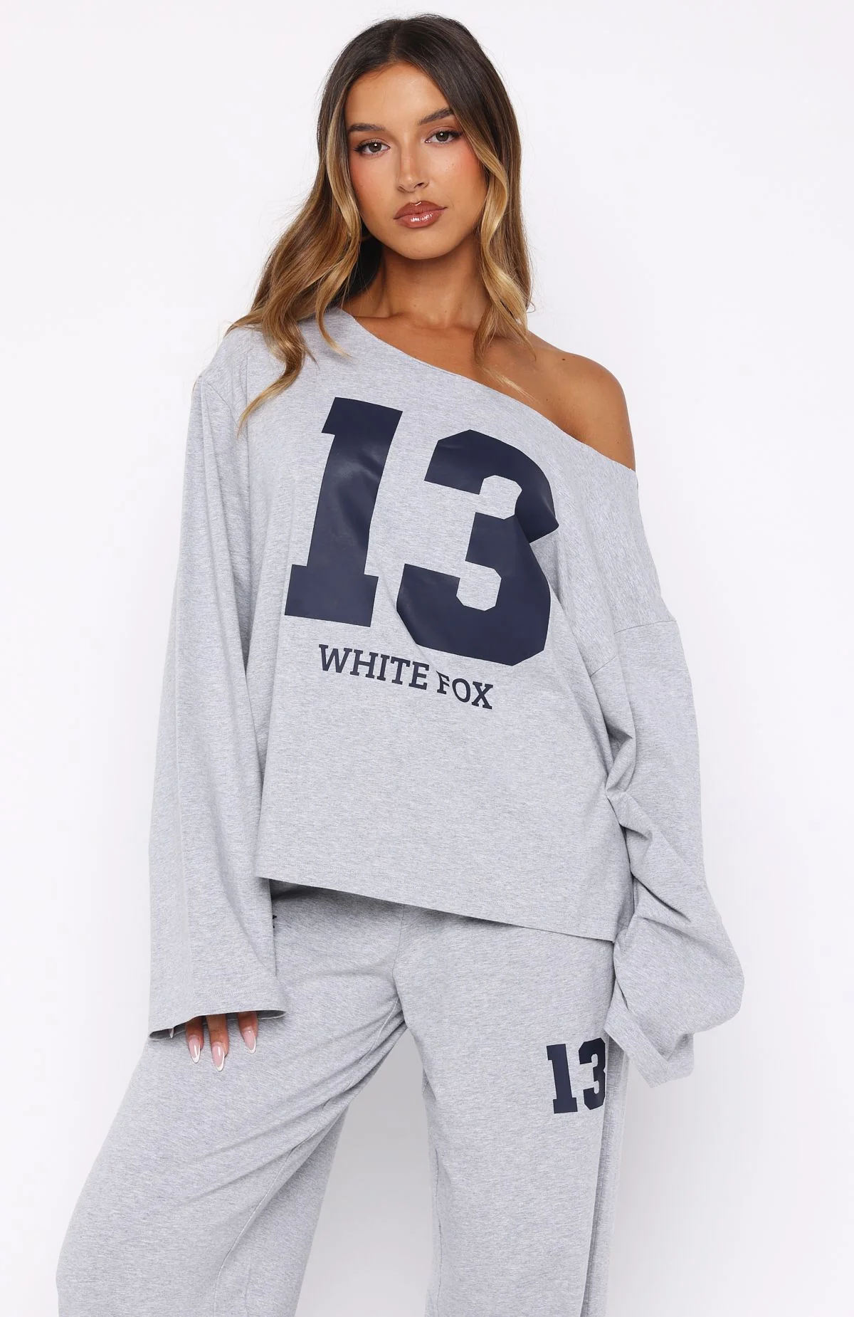 Only One Left Off Shoulder Oversized Long Sleeve Tee Grey Marle - Image 2